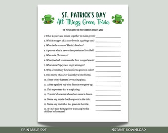 St. Patrick's Day Green Trivia Game Printable, All Things Green Activity Game, St Patricks Games for Kids, St Patty's Day Party Games Adults