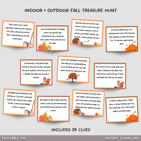 Fall Scavenger Hunt For Kids Printable, Indoor Outdoor Autumn Treasure Hunt Clues Printable, Fun Party Games, Fall Halloween Activity Ideas