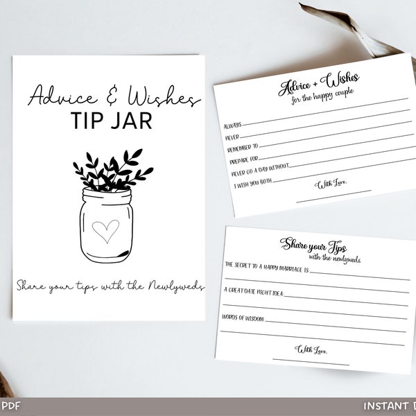 Wedding Advice Bride & Groom Well Wishes Card Printable, Minimalist Bridal Shower Party Game, Wedding Shower Couple Advice Tip Jar Sign