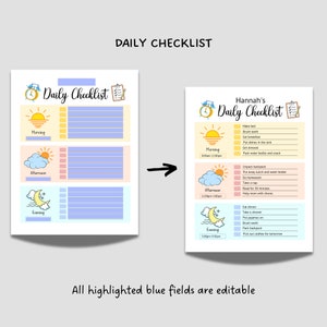 May include: A printable daily checklist template featuring a cute cartoon sun, cloud, and moon design. The checklist is divided into three sections: morning, afternoon, and evening. Each section has a space for writing tasks and a tick box to mark them off. The template is customisable and can be used for personal or professional tasks.