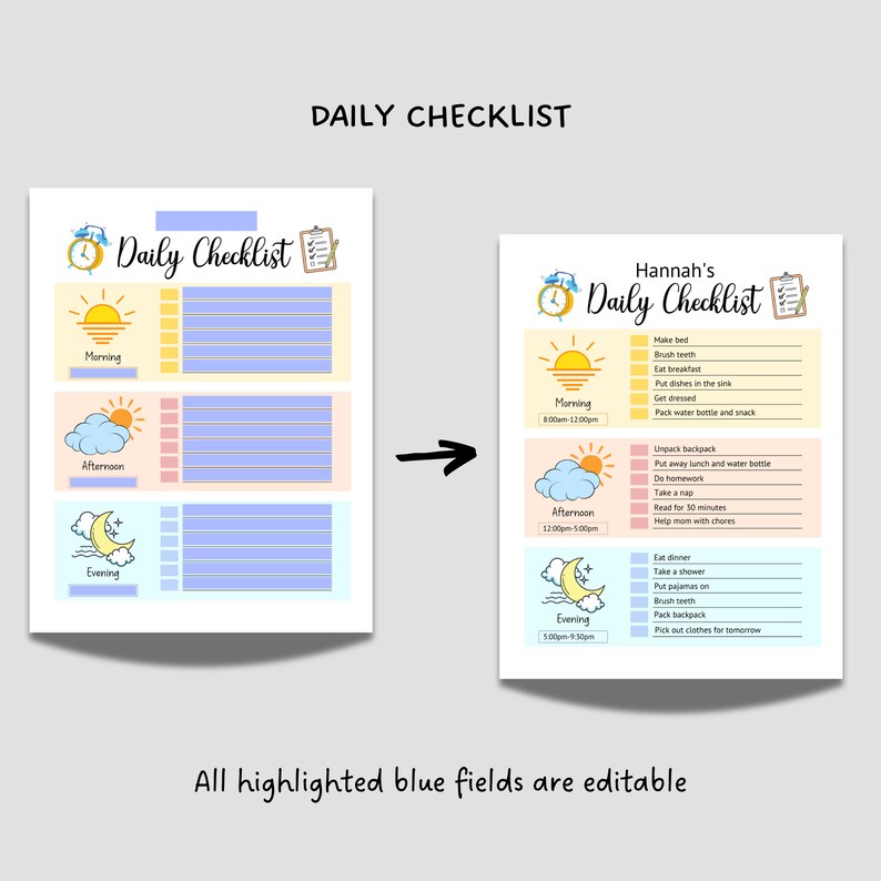 May include: A printable daily checklist template featuring a cute cartoon sun, cloud, and moon design. The checklist is divided into three sections: morning, afternoon, and evening. Each section has a space for writing tasks and a tick box to mark them off. The template is customisable and can be used for personal or professional tasks.