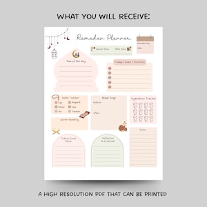 May include: Printable Ramadan planner with sections for daily goals, prayer tracking, meal prep, hydration, Quran reading, and reflection. The planner features a light pink and brown color scheme with illustrations of a mosque, crescent moons, and stars.