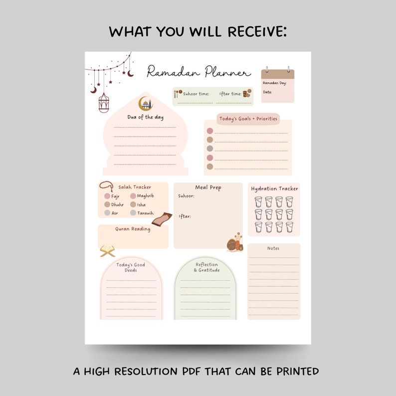 May include: Printable Ramadan planner with sections for daily goals, prayer tracking, meal prep, hydration, Quran reading, and reflection. The planner features a light pink and brown color scheme with illustrations of a mosque, crescent moons, and stars.