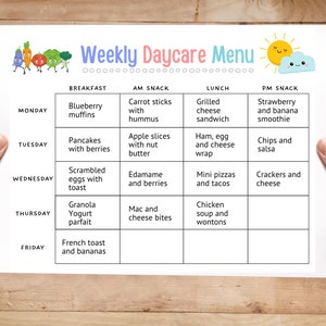 Daycare Weekly Menu Printable Home Daycare Monthly Meal - Etsy