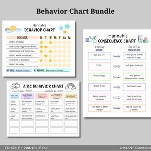 May include: A printable behaviour chart bundle for children with a colourful design. The bundle includes a behaviour chart with a star chart, a consequence chart, and an A, B, C behaviour chart. The charts are editable and printable.