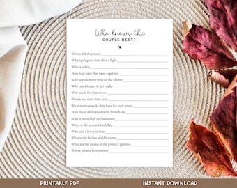 Who Knows The Couple Best Game, Printable Bridal Shower Game, Wedding Shower Idea, Newlyweds Minimalist Modern Game, Couple Trivia Quiz Card