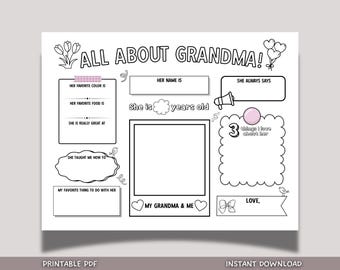 Sondaggio stampabile "Tutto sulla nonna", questionario per la festa della mamma e dei nonni, idee regalo carine per bambini, attività ricordo personalizzata