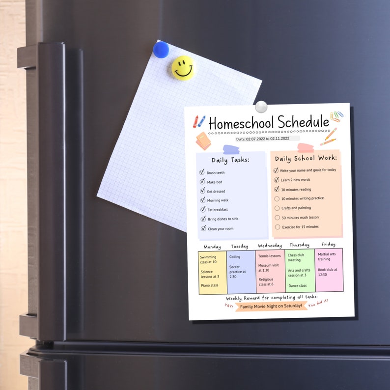 K&ouml;nnte beinhalten: Ein farbenfroher Homeschool-Zeitplan mit einer Checkliste f&uuml;r t&auml;gliche Aufgaben und Schularbeiten. Der Zeitplan beinhaltet eine w&ouml;chentliche Belohnung f&uuml;r die Erledigung aller Aufgaben: Familien-Filmabend am Samstag! Der Zeitplan gilt f&uuml;r die Woche vom 7. Februar bis 11. Februar 2022.