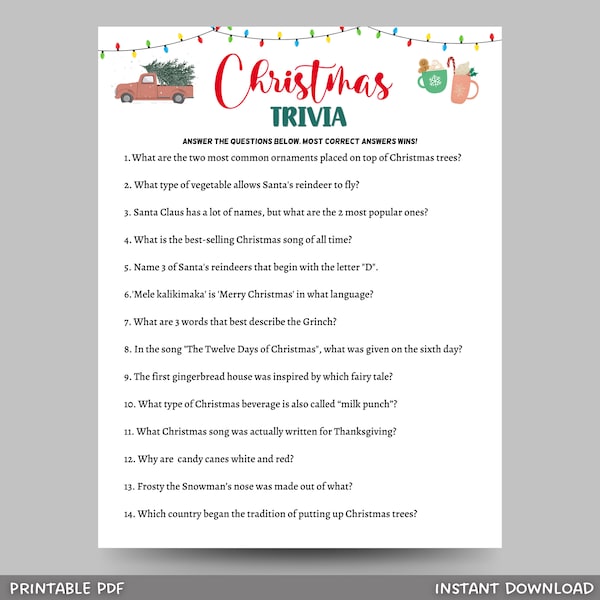 Christmas Trivia Game Printable, Fun Holiday Party Game, Office Party Game, Xmas Family Activity Game, Christmas Party Game, Adults & Kids