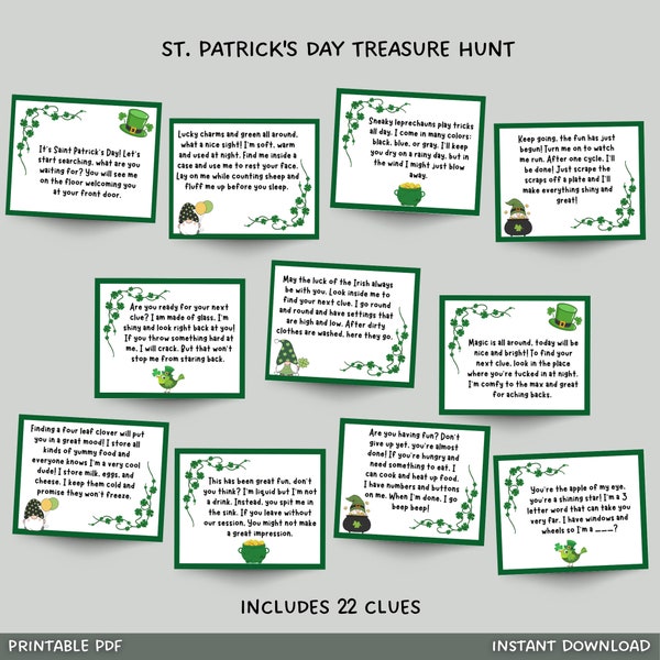 St Patricks Day Scavenger Hunt Printable, St. Patrick's Day Treasure Hunt Clues, Leprechaun Hunt, Party Game, Indoor Activity for Kids