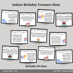 Caça ao tesouro de aniversário interno para crianças, dicas de caça ao tesouro de aniversário, jogos para impressão de aniversário, jogos de aniversário internos, download instantâneo de PDF