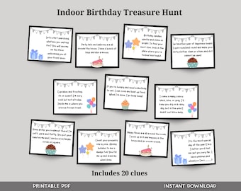 Indoor-Geburtstags-Schatzsuche für Kinder, Geburtstags-Schnitzeljagd-Hinweise, Druckbare Geburtstagsspiele, Indoor-Geburtstagsspiele, Sofort-Download PDF