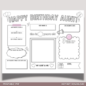 Verjaardag tante kleurplaat afdrukbaar, gepersonaliseerd cadeau van kinderen Alles over tante kaart activiteitenvragenlijst aandenken cadeau