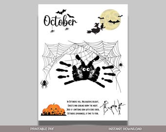 October Handprint Footprint Crafts Printable, DIY Art Kids Preschool Activity Halloween Monthly Keepsakes for Baby Toddler PreK Kindergarten