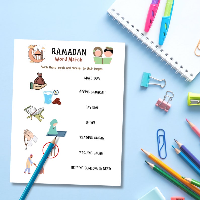 May include: A printable Ramadan word matching activity sheet with colourful illustrations. Match the words and phrases to their corresponding images, such as making dua, giving sadaqah, fasting, iftar, reading Quran, praying salah, and helping someone in need.