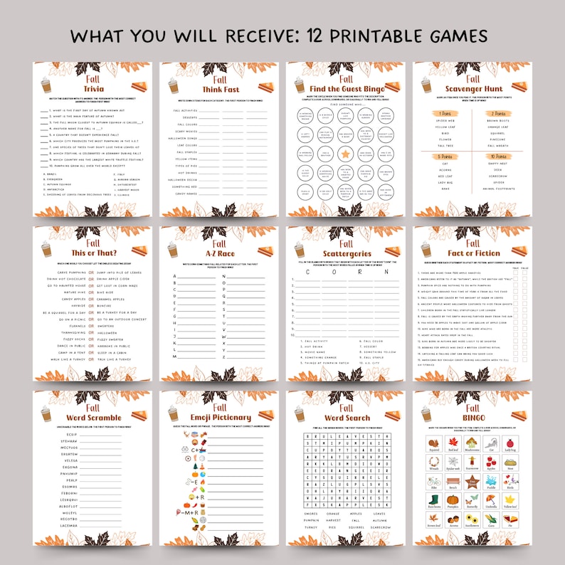 Fall Games Bundle Printable, Fun Autumn Games, Fall Activity Adults