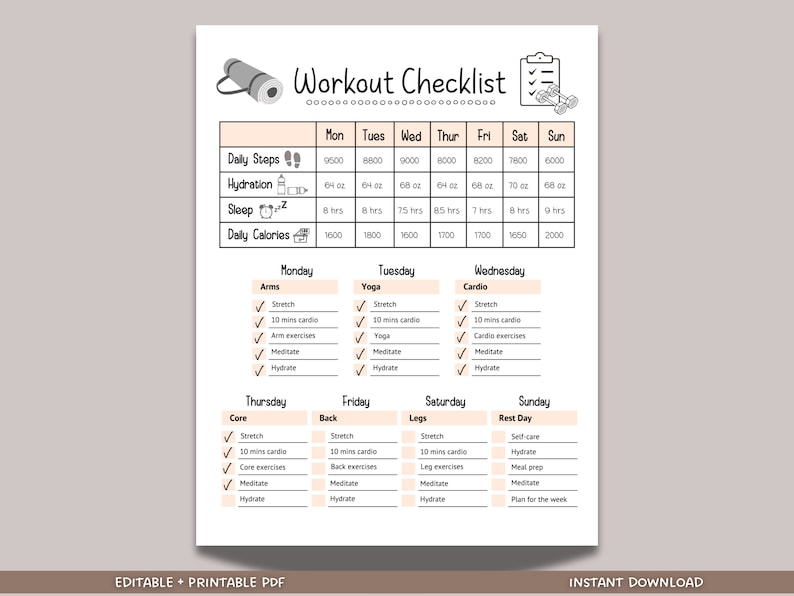 This editable and printable daily workout checklist/ routine chart in an instant digital download. It is perfect for tracking and planning your workouts.