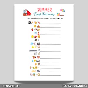 Summer Emoji Pictionary Game Printable, Summertime Activities for Adults & Kids, Fun Pool Party Games, Family Trivia Game, Emoji Quiz Game