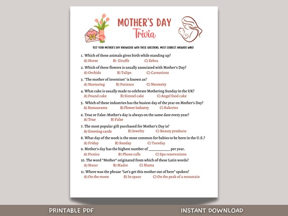 Mother's Day Trivia Game Printable, Mothers Day Party Game, True or False Quiz, Mother's Day Activity Kids And Adults, Family Group Game