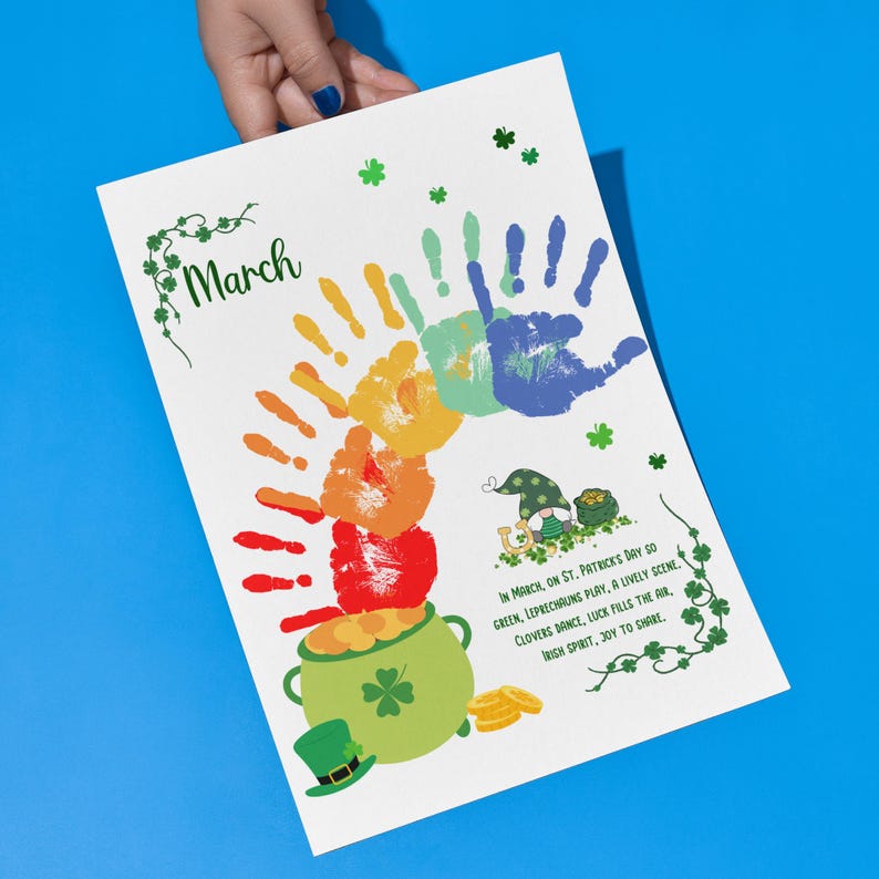 May include: A printable St. Patrick's Day craft for kids featuring a rainbow made with handprints, a pot of gold, a leprechaun, and the text "In March, on St. Patrick's Day so green, Leprechauns play, a lively scene. Clovers dance, luck fills the air, Irish spirit, joy to share."