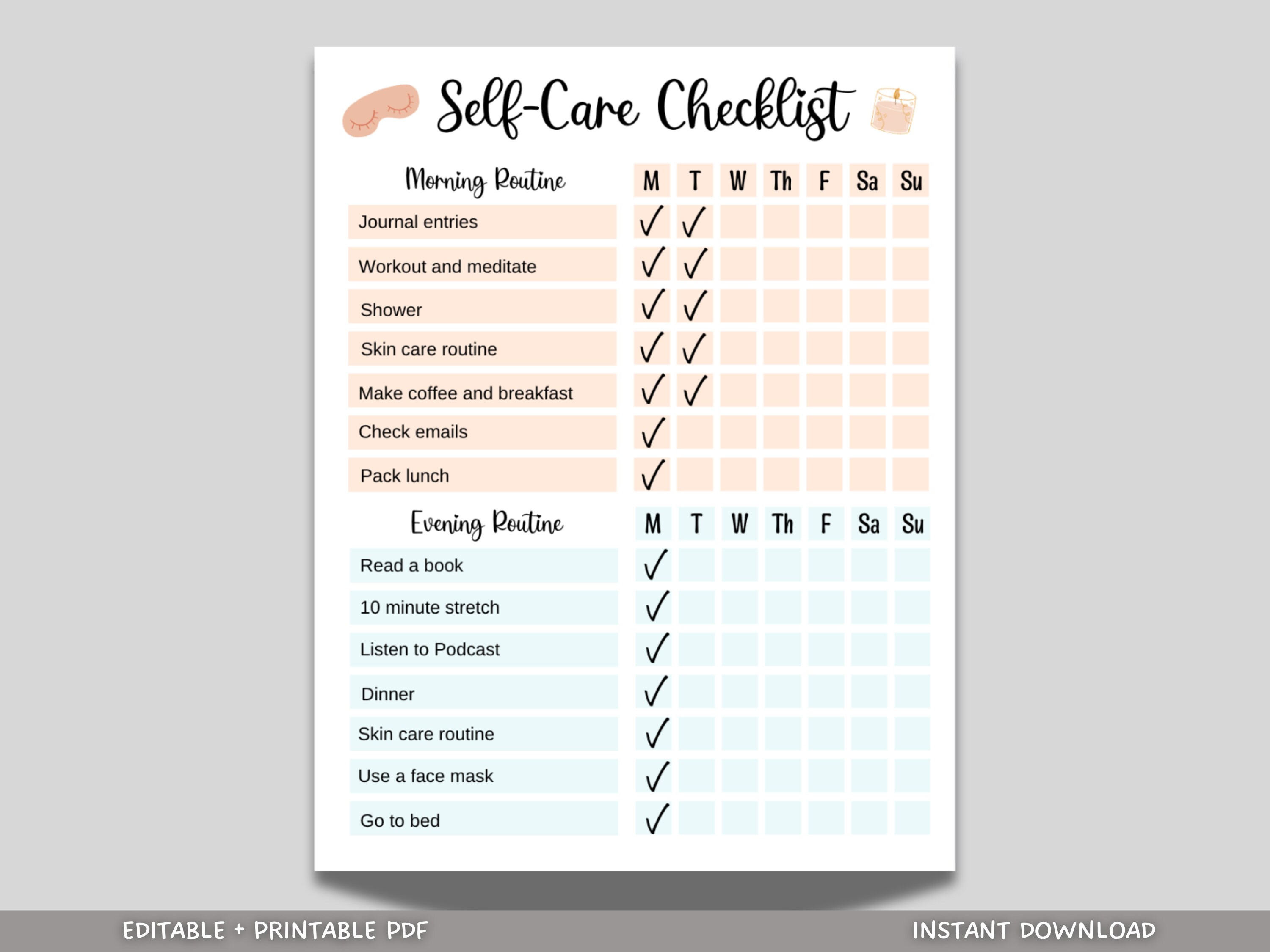 Self Care Checklist Printable Digital Planner, Journal Tracker, Stress Management Habit Tracker, Wellness Planner, Daily Wellbeing Checklist