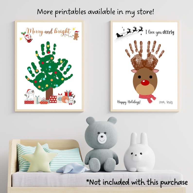 May include: Two printable Christmas handprint art designs. The first design features a green Christmas tree with red and gold ornaments and the text "Merry and bright". The second design features a reindeer with a red nose and a red scarf and the text "I love you deerly".