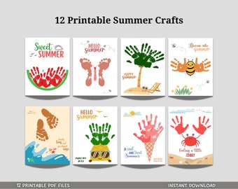May include: Twelve printable summer craft ideas for kids. Each card features a different summer theme, such as a watermelon, a palm tree, a bee, a pineapple, and a crab. The cards are designed to be used with handprints or footprints.