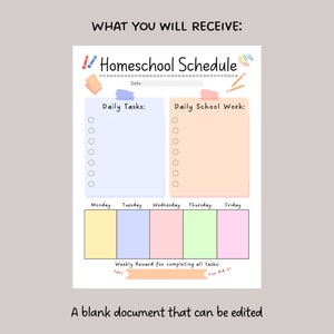 K&ouml;nnte beinhalten: Ein druckbarer Homeschool-Zeitplan in hellblau und rosa. Der Zeitplan enth&auml;lt Abschnitte f&uuml;r t&auml;gliche Aufgaben, t&auml;gliche Schularbeiten und eine w&ouml;chentliche Belohnung f&uuml;r die Erledigung aller Aufgaben. Der Text "Homeschool Schedule" befindet sich oben auf der Seite.