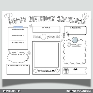 Página para colorear de Feliz Cumpleaños Abuelo para imprimir, regalo personalizado DIY para niños, tarjeta con actividad y cuestionario de recuerdo.