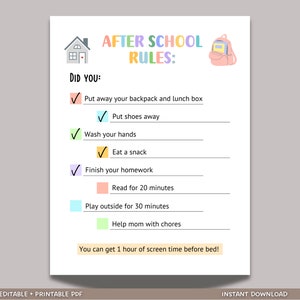 Editable After School Rules, Printable After School Checklist Reminders for Kids, After School Routine, Daily Checklist Kids, Chore Chart