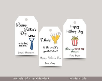 May include: Three printable Father's Day gift tags with different designs. The first tag features a blue tie, a mustache, and the text "Happy Father's Day to the best dad ever!" The second tag features two glasses of beer and the text "Cheers to the world's greatest dad!" The third tag features a red and white striped popcorn bucket and the text "There's no butter pop than you!"
