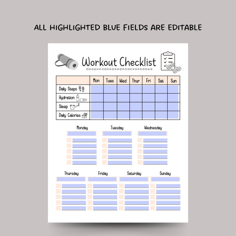 Puede incluir: Una lista de control de entrenamiento imprimible con un esquema de color azul y blanco. La lista de control incluye secciones para los pasos diarios, la hidrataci&oacute;n, el sue&ntilde;o y las calor&iacute;as diarias. Tambi&eacute;n incluye un calendario semanal con espacio para realizar un seguimiento de los entrenamientos para cada d&iacute;a de la semana.