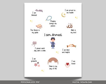 Personalized Islamic Affirmations for Kids, Printable Wall Art, Muslim Boys Positive Affirmations, Nursery Room Decor, Digital download