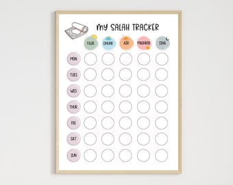 Rastreador semanal de oración islámica imprimible para niños, gráfico de oración diaria de Namaz para niños musulmanes, arte de pared para guardería, linda idea de hoja de impresión de póster
