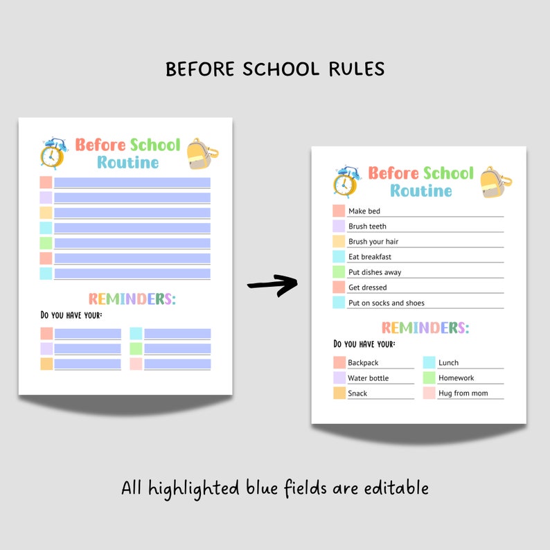 May include: A printable checklist for children to follow before school. The checklist includes tasks such as making their bed, brushing their teeth, and packing their backpack. The checklist is designed to help children develop a routine and be prepared for school.