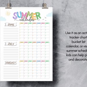 May include: A summer calendar printable with the word "SUMMER" in colorful letters. The calendar includes the months of June, July, and August, with spaces to write in the days of the week. The calendar is designed to be used as an activity tracker or bucket list.
