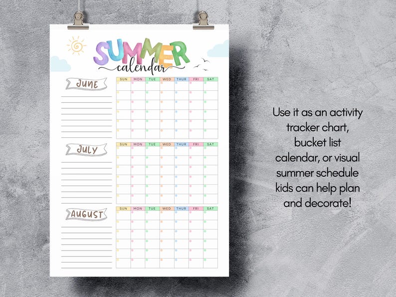 May include: A summer calendar printable with the word "SUMMER" in colorful letters. The calendar includes the months of June, July, and August, with spaces to write in the days of the week. The calendar is designed to be used as an activity tracker or bucket list.