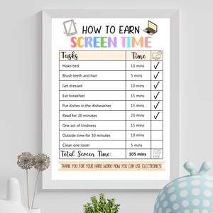 May include: A colourful chart titled "How to Earn Screen Time" with a list of tasks and corresponding time allowances in minutes. The tasks include making the bed, brushing teeth and hair, getting dressed, eating breakfast, putting dishes in the dishwasher, reading for 20 minutes, performing one act of kindness, spending time outside, and cleaning one room. The total screen time earned is 105 minutes.