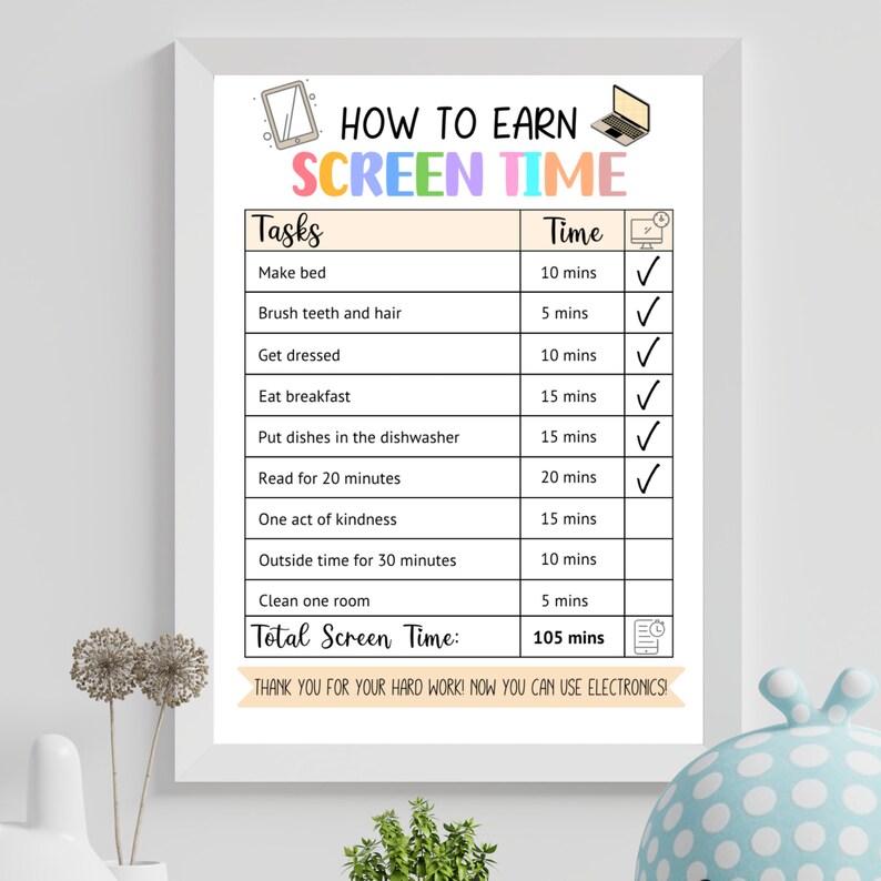 May include: A colourful chart titled "How to Earn Screen Time" with a list of tasks and corresponding time allowances in minutes. The tasks include making the bed, brushing teeth and hair, getting dressed, eating breakfast, putting dishes in the dishwasher, reading for 20 minutes, performing one act of kindness, spending time outside, and cleaning one room. The total screen time earned is 105 minutes.