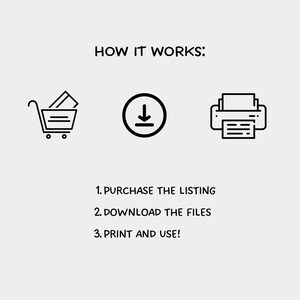 May include: A black and white illustration showing how to purchase, download, and print digital files. The illustration shows a shopping cart, a download arrow, and a printer.