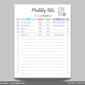 May include: A printable monthly bill tracker with checkboxes, due dates, amounts, and notes. The month is August. The bills listed include car insurance, pest control, cable, water, and cellphone.