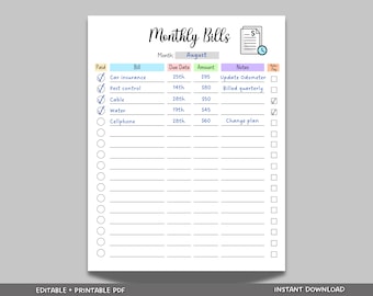 Editable Monthly Bill Tracker, Monthly Bill Log, Bill Planner, Bill Payment Checklist Tracker, Printable Bill Pay Organizer, Bill Management