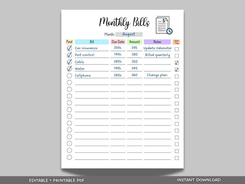 This editable and printable monthly bill tracker is an instant digital download! It is perfect to make your life easier by keeping track of your bills and never missing their due dates!