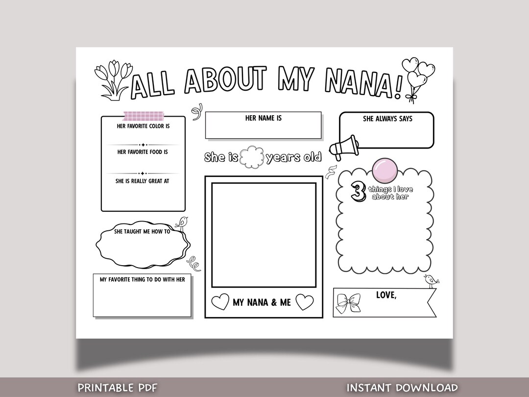 Questionnaire Example Cute All About Nana Survey Printable Mothers Day Grandparents Day DIY Card ...