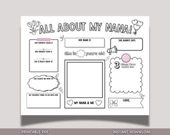 All About Nana Survey Printable Mothers Day Grandparents Day DIY Card Questionnaire Cute Gift Ideas from Kids Personalized Keepsake Activity