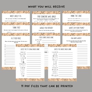 Puede incluir: Once archivos PDF imprimibles para un juego de fiesta. El juego incluye actividades como "El m&aacute;s probable", "Encuentra a alguien que... Bingo", "Piensa r&aacute;pido", "Carrera de comida A-Z", "Adivina el juego de emojis del programa de televisi&oacute;n", "Adivina el juego de emojis de la pel&iacute;cula", "&iquest;Preferir&iacute;as", "Juego de emojis de cadenas de comida", "Nombra el pastel", "&iquest;Qu&eacute; hay en tu tel&eacute;fono?" y "&iquest;Cu&aacute;ntas palabras?"