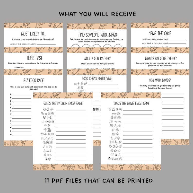 Puede incluir: Once archivos PDF imprimibles para un juego de fiesta. El juego incluye actividades como "El m&aacute;s probable", "Encuentra a alguien que... Bingo", "Piensa r&aacute;pido", "Carrera de comida A-Z", "Adivina el juego de emojis del programa de televisi&oacute;n", "Adivina el juego de emojis de la pel&iacute;cula", "&iquest;Preferir&iacute;as", "Juego de emojis de cadenas de comida", "Nombra el pastel", "&iquest;Qu&eacute; hay en tu tel&eacute;fono?" y "&iquest;Cu&aacute;ntas palabras?"