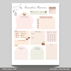 Puede incluir: Planificador de Ramadán imprimible con secciones para objetivos diarios, preparación de comidas, seguimiento de la hidratación, lectura del Corán y reflexión. El planificador presenta un esquema de color rosa claro y marrón con ilustraciones de una mezquita, linternas y una alfombra de oración.