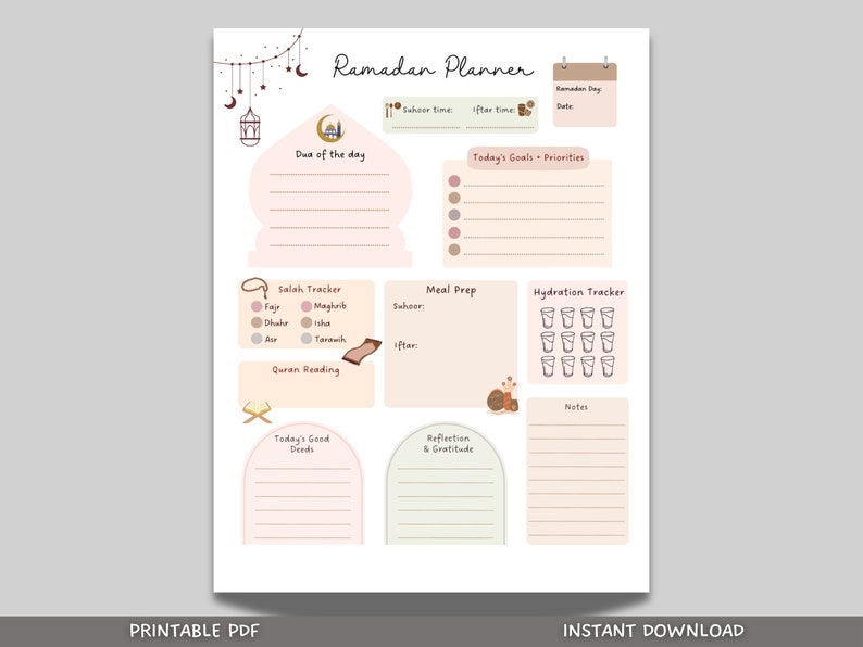 This Ramadan daily planner is a printable PDF and an instant digital download! It is perfect to keep track of your daily prayers, goals, reflections and meal prep. Just download, print, and use!