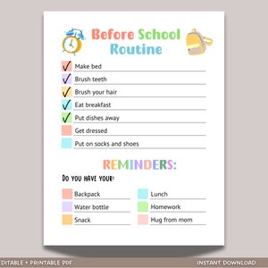 Printable Before School Checklist, Morning Reminders for Kids, Editable Morning Routine Chart, Preschool Kindergarten Elementary Reminders